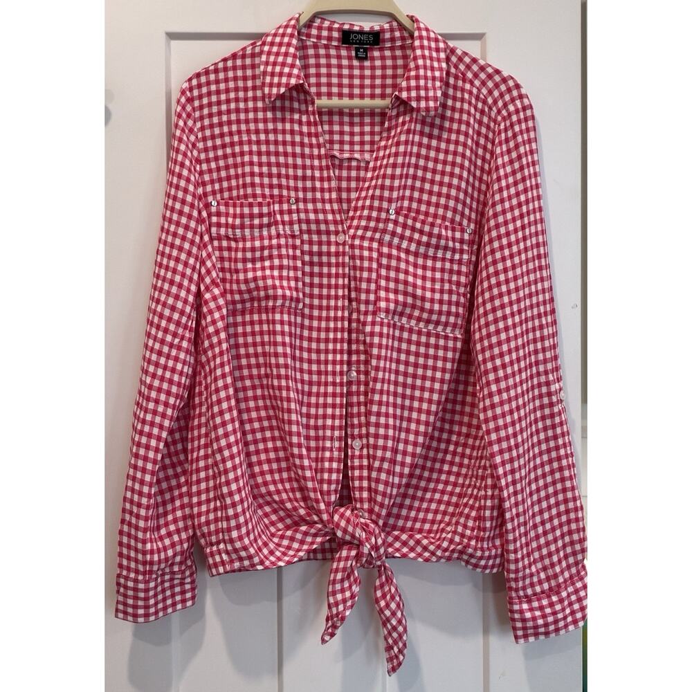 Jones New York Red and White Gingham Check Button Down Front Tie Blouse Size M